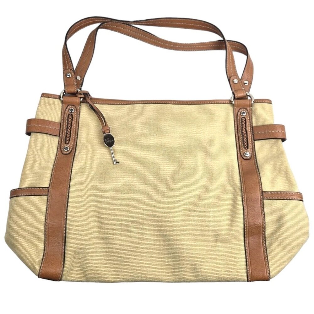Fossil Taupe Canvas & Tan Leather Tote Bag ZB 2548